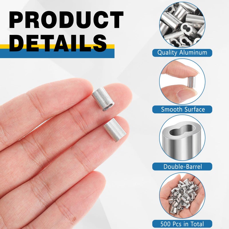 Yaocom 500 Pcs 1/16"" Aluminum Crimping Loop Sleeve Cable Crimp Ferrules Wire Rope Sleeves for 1/16"" Diameter Wire Rope and Cable Line Ends - Image 3